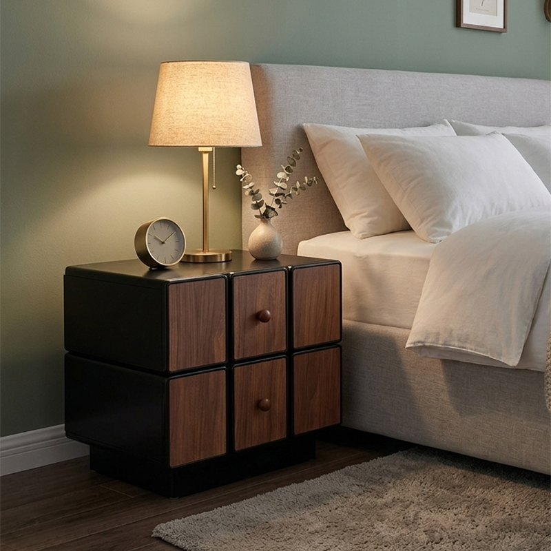 Contemporary Geometric MDF Nightstand - Retro Color Contrast Panels Bedside Table With 2 Drawers & Circular Handles For Bedroom Lumendat