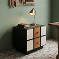 Contemporary Geometric MDF Nightstand - Retro Color Contrast Panels Bedside Table With 2 Drawers & Circular Handles For Bedroom Lumendat