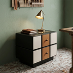 Contemporary Geometric MDF Nightstand - Retro Color Contrast Panels Bedside Table With 2 Drawers & Circular Handles For Bedroom Lumendat
