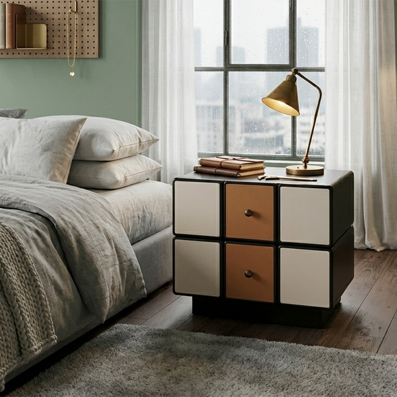 Contemporary Geometric MDF Nightstand - Retro Color Contrast Panels Bedside Table With 2 Drawers & Circular Handles For Bedroom Lumendat
