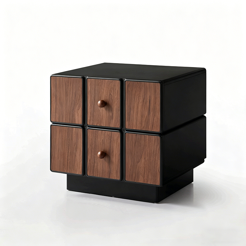 Contemporary Geometric MDF Nightstand - Retro Color Contrast Panels Bedside Table With 2 Drawers & Circular Handles For Bedroom Lumendat