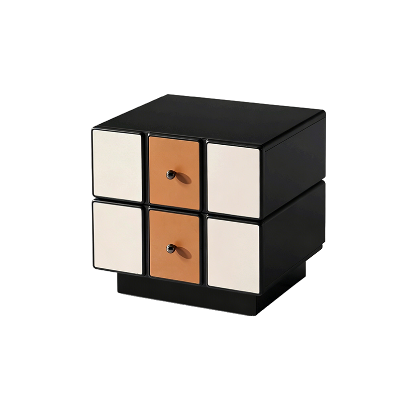 Contemporary Geometric MDF Nightstand - Retro Color Contrast Panels Bedside Table With 2 Drawers & Circular Handles For Bedroom Lumendat