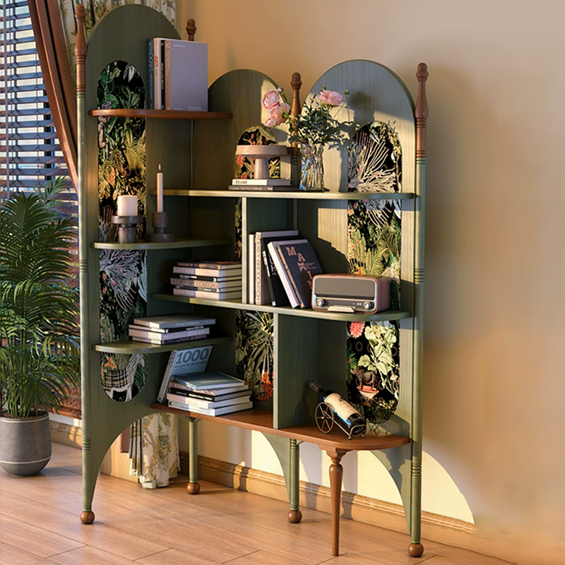 Rustic Study Solid Ash Wood Corner Shelf Unit - French Bookshelf With 4/6-Tier Storage With Velvet Accents, Room Divider For Living Room Lumendat