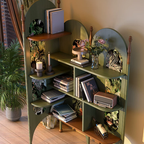 Rustic Study Solid Ash Wood Corner Shelf Unit - French Bookshelf With 4/6-Tier Storage With Velvet Accents, Room Divider For Living Room Lumendat