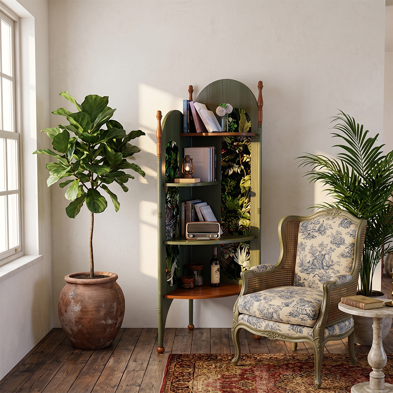 Rustic Study Solid Ash Wood Corner Shelf Unit - French Bookshelf With 4/6-Tier Storage With Velvet Accents, Room Divider For Living Room Lumendat