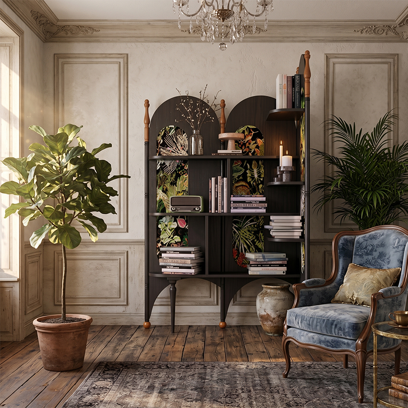 Rustic Study Solid Ash Wood Corner Shelf Unit - French Bookshelf With 4/6-Tier Storage With Velvet Accents, Room Divider For Living Room Lumendat