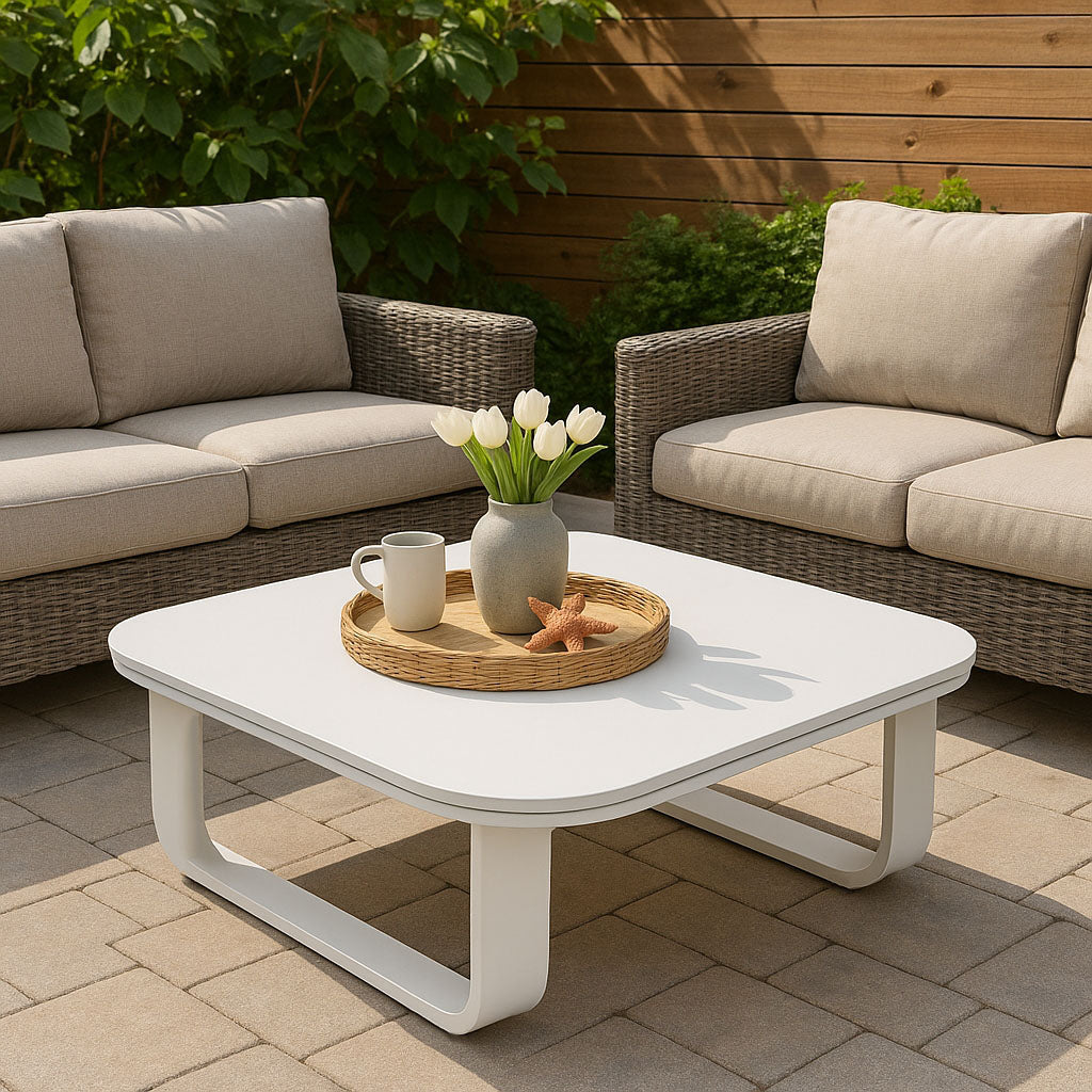 Sleek White Square Outdoor Coffee Table - 1-Tier Functional Design For Stylish Gardens & Outdoor Patios Lumendat
