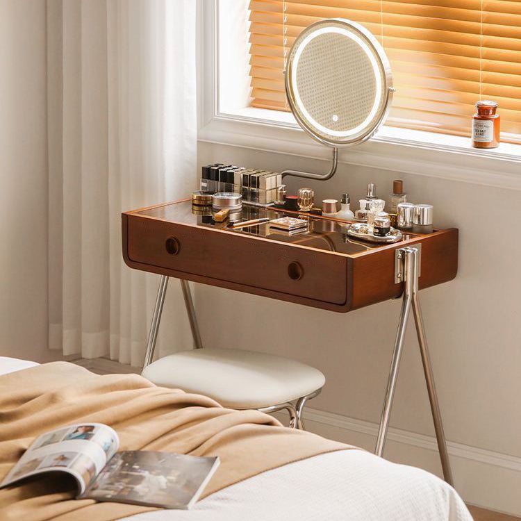 Contemporary Retro Solid Wood Stainless Steel & Glass Rectangular Makeup Vanity 1-Drawer Storage For Bedroom Lumendat
