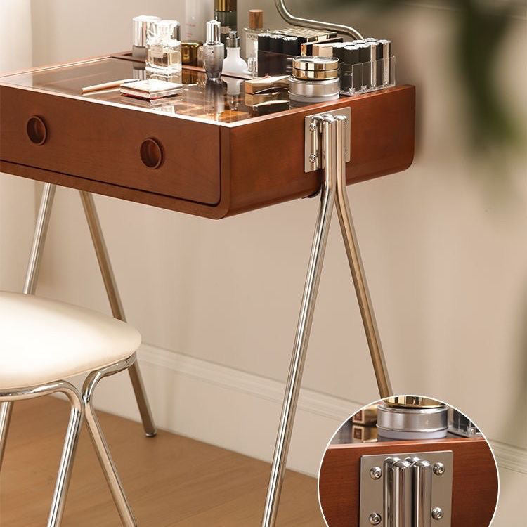 Contemporary Retro Solid Wood Stainless Steel & Glass Rectangular Makeup Vanity 1-Drawer Storage For Bedroom Lumendat