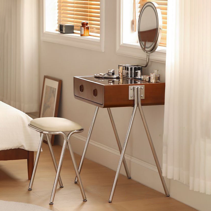 Contemporary Retro Solid Wood Stainless Steel & Glass Rectangular Makeup Vanity 1-Drawer Storage For Bedroom Lumendat