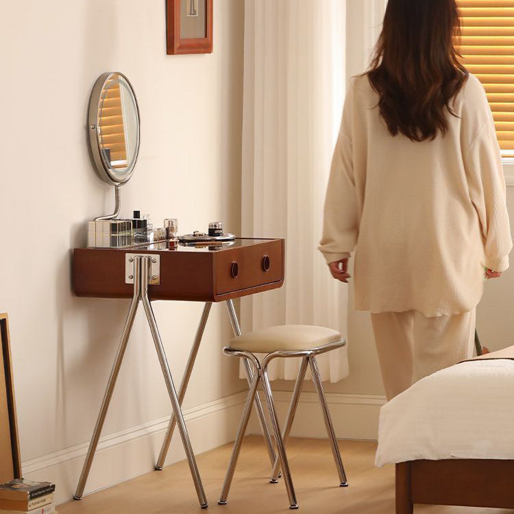 Contemporary Retro Solid Wood Stainless Steel & Glass Rectangular Makeup Vanity 1-Drawer Storage For Bedroom Lumendat