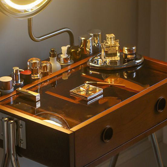 Contemporary Retro Solid Wood Stainless Steel & Glass Rectangular Makeup Vanity 1-Drawer Storage For Bedroom Lumendat