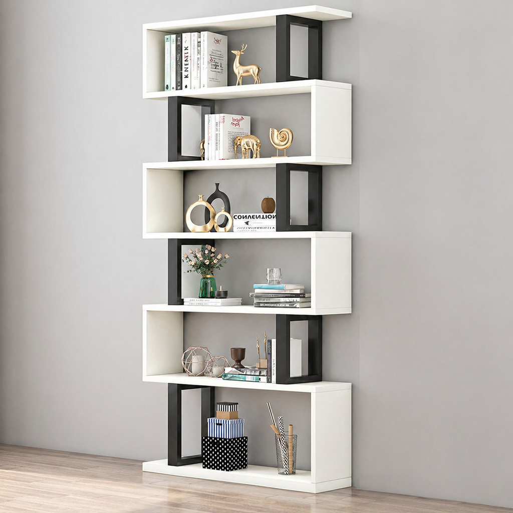 Contemporary Scandinavian Geometric Vertical MDF Steel Bookshelves 3/4/5/6-Tier Open Back Design Standing Shelves For Home Office DFM-F