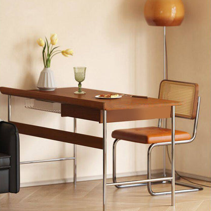 Modern Minimalist Rectangular Solid Wood Stainless Steel Desk 4-Leg 1-Drawer For Home Office