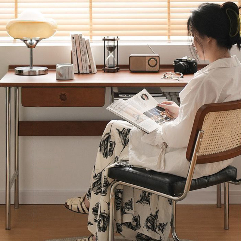 Modern Minimalist Rectangular Solid Wood Stainless Steel Desk 4-Leg 1-Drawer For Home Office DFM-F