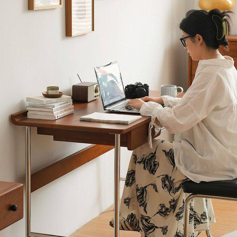 Modern Minimalist Rectangular Solid Wood Stainless Steel Desk 4-Leg 1-Drawer For Home Office DFM-F