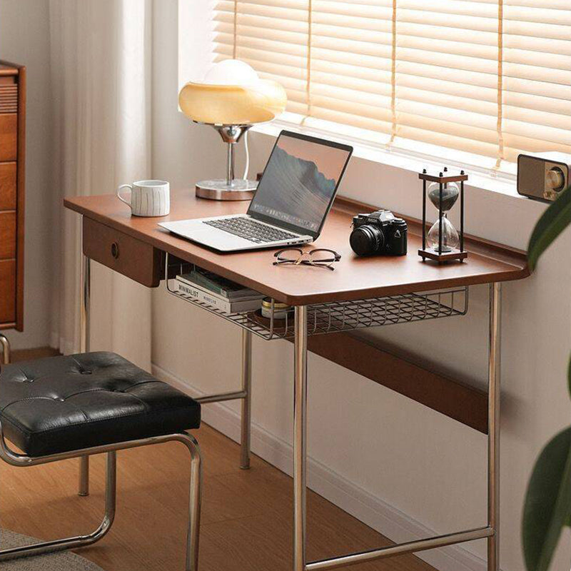 Modern Minimalist Rectangular Solid Wood Stainless Steel Desk 4-Leg 1-Drawer For Home Office DFM-F
