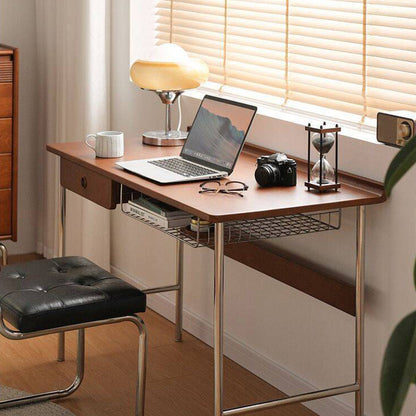Modern Minimalist Rectangular Solid Wood Stainless Steel Desk 4-Leg 1-Drawer For Home Office