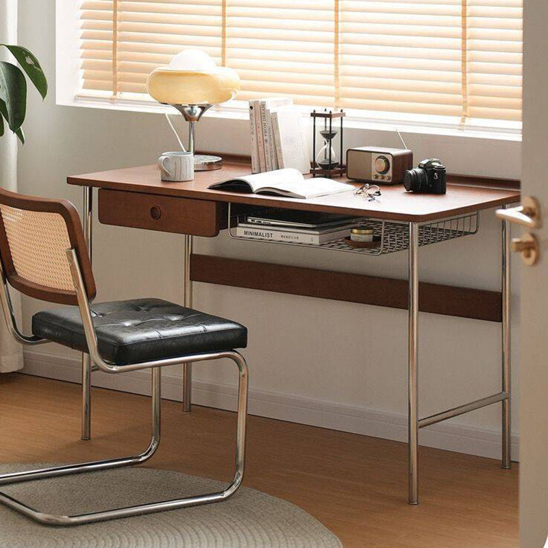 Modern Minimalist Rectangular Solid Wood Stainless Steel Desk 4-Leg 1-Drawer For Home Office DFM-F