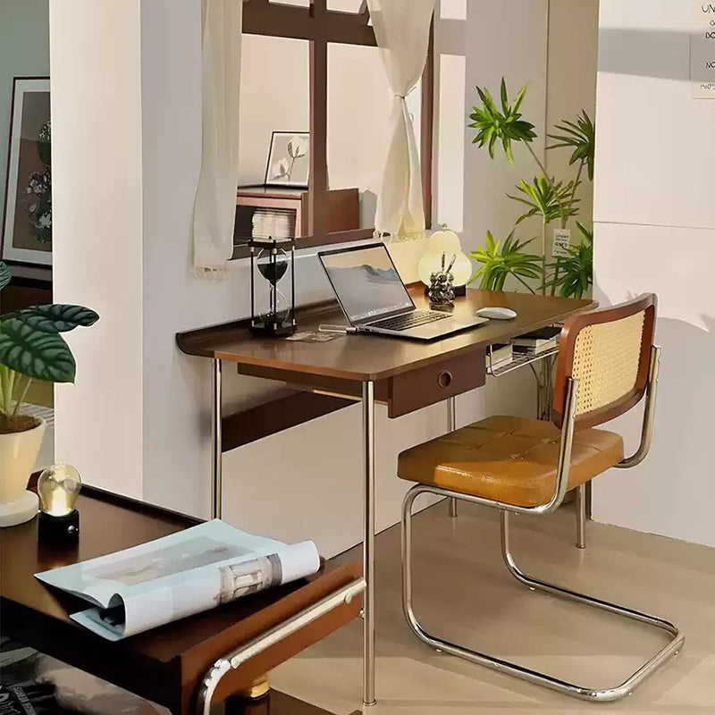 Modern Minimalist Rectangular Solid Wood Stainless Steel Desk 4-Leg 1-Drawer For Home Office DFM-F