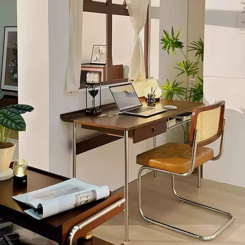 Modern Minimalist Rectangular Solid Wood Stainless Steel Desk 4-Leg 1-Drawer For Home Office