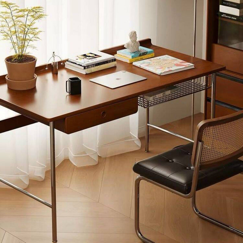 Modern Minimalist Rectangular Solid Wood Stainless Steel Desk 4-Leg 1-Drawer For Home Office DFM-F