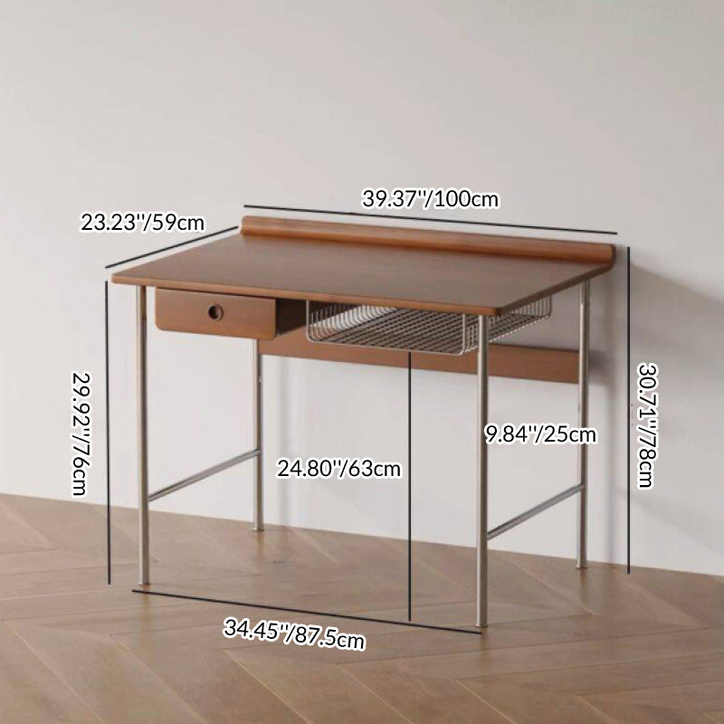 Modern Minimalist Rectangular Solid Wood Stainless Steel Desk 4-Leg 1-Drawer For Home Office DFM-F