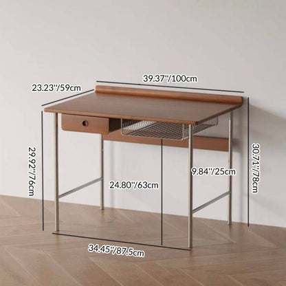 Modern Minimalist Rectangular Solid Wood Stainless Steel Desk 4-Leg 1-Drawer For Home Office