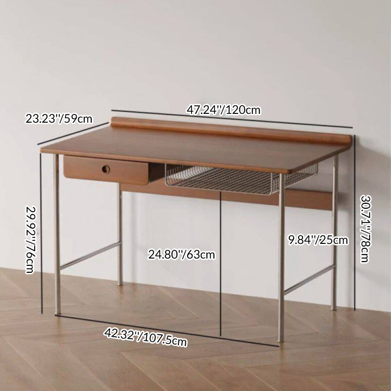 Modern Minimalist Rectangular Solid Wood Stainless Steel Desk 4-Leg 1-Drawer For Home Office DFM-F