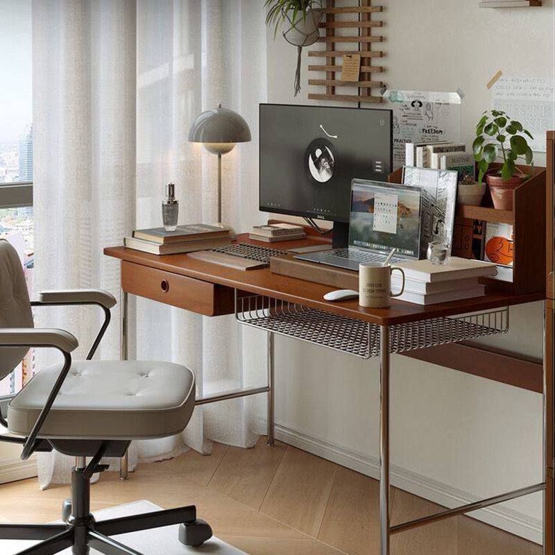 Modern Minimalist Rectangular Solid Wood Stainless Steel Desk 4-Leg 1-Drawer For Home Office DFM-F