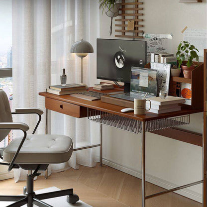 Modern Minimalist Rectangular Solid Wood Stainless Steel Desk 4-Leg 1-Drawer For Home Office