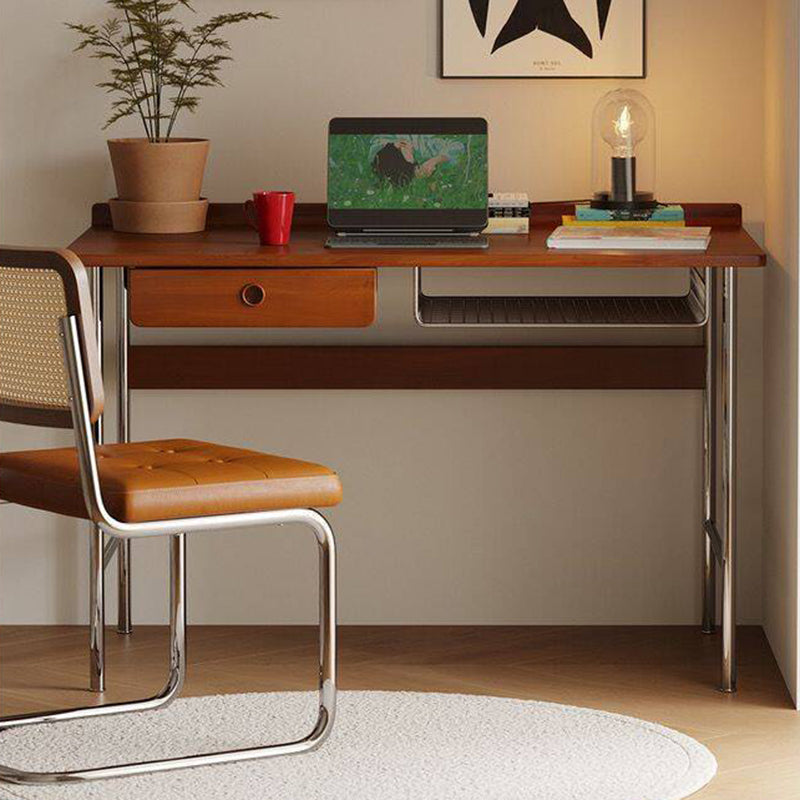 Modern Minimalist Rectangular Solid Wood Stainless Steel Desk 4-Leg 1-Drawer For Home Office DFM-F