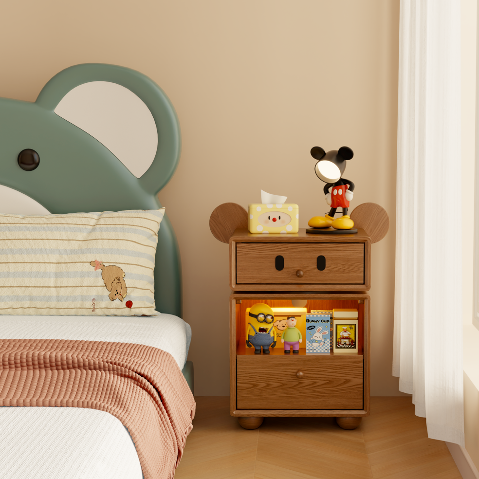 Lumendat Contemporary Creative Kids Mouse Shape Rubberwood Pine Wood Swivel Nightstand 2-Drawer For Bedroom Lumendat