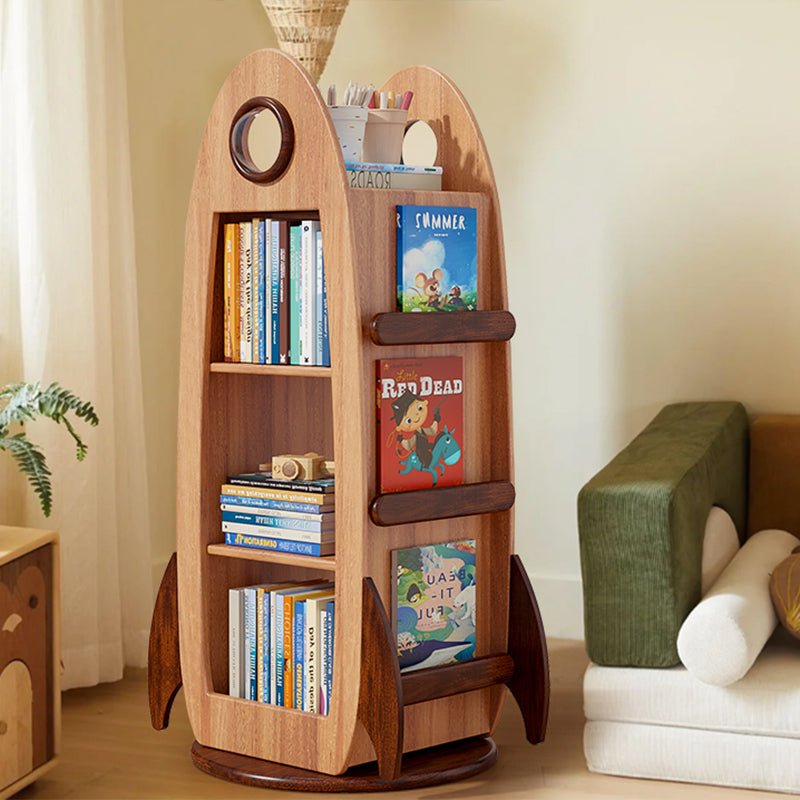 Lumendat Contemporary Creative Solid Wood Rocket-Shaped Swivel Bookshelf With 4-Tier Storage For Living Room & Bedroom Lumendat