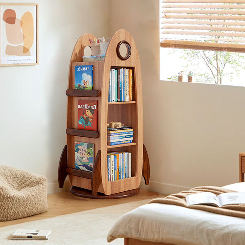 Lumendat Contemporary Creative Solid Wood Rocket-Shaped Swivel Bookshelf With 4-Tier Storage For Living Room & Bedroom Lumendat