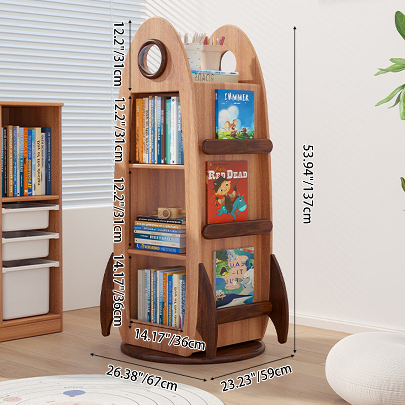 Lumendat Contemporary Creative Solid Wood Rocket-Shaped Swivel Bookshelf With 4-Tier Storage For Living Room & Bedroom Lumendat
