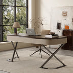 Modern Minimalist Saddle Leather Wood Stainless Steel Oval X-Shape Leg Desks 2-Drawer For Home Office DFM-F