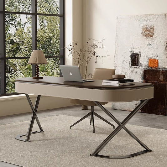 Modern Minimalist Saddle Leather Wood Stainless Steel Oval X-Shape Leg Desks 2-Drawer For Home Office