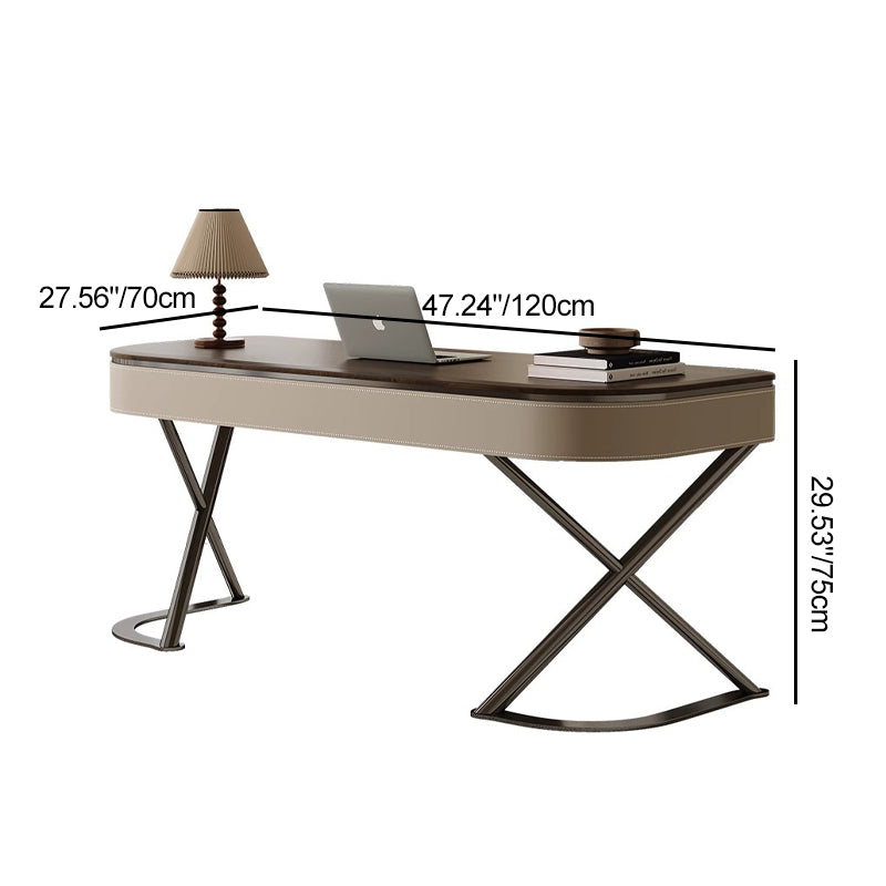Modern Minimalist Saddle Leather Wood Stainless Steel Oval X-Shape Leg Desks 2-Drawer For Home Office DFM-F