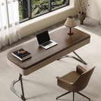 Modern Minimalist Saddle Leather Wood Stainless Steel Oval X-Shape Leg Desks 2-Drawer For Home Office DFM-F