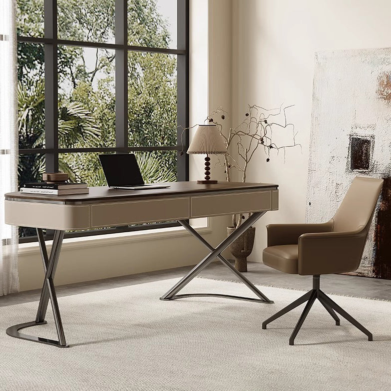 Modern Minimalist Saddle Leather Wood Stainless Steel Oval X-Shape Leg Desks 2-Drawer For Home Office DFM-F