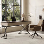 Modern Minimalist Saddle Leather Wood Stainless Steel Oval X-Shape Leg Desks 2-Drawer For Home Office DFM-F