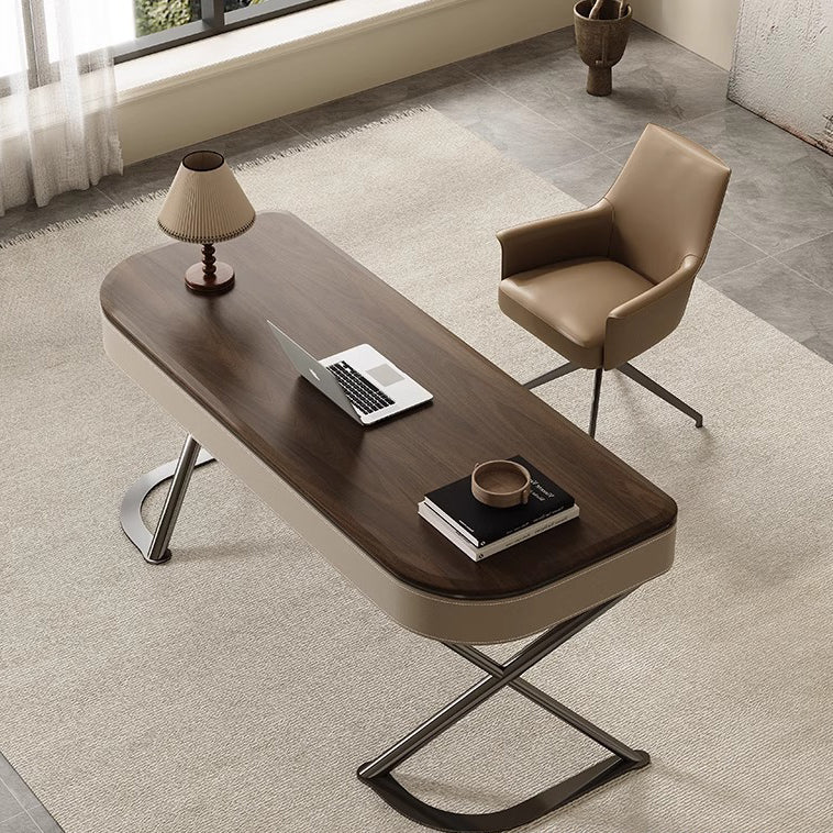 Modern Minimalist Saddle Leather Wood Stainless Steel Oval X-Shape Leg Desks 2-Drawer For Home Office DFM-F