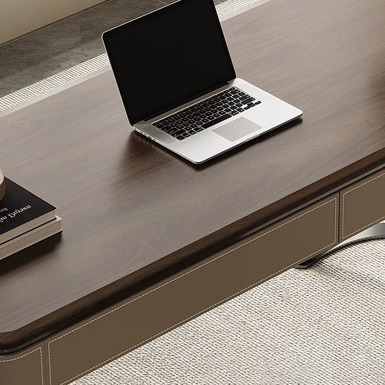 Modern Minimalist Saddle Leather Wood Stainless Steel Oval X-Shape Leg Desks 2-Drawer For Home Office DFM-F