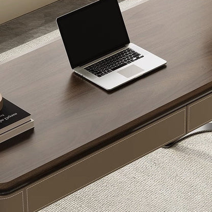 Modern Minimalist Saddle Leather Wood Stainless Steel Oval X-Shape Leg Desks 2-Drawer For Home Office