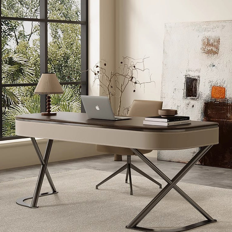 Modern Minimalist Saddle Leather Wood Stainless Steel Oval X-Shape Leg Desks 2-Drawer For Home Office DFM-F
