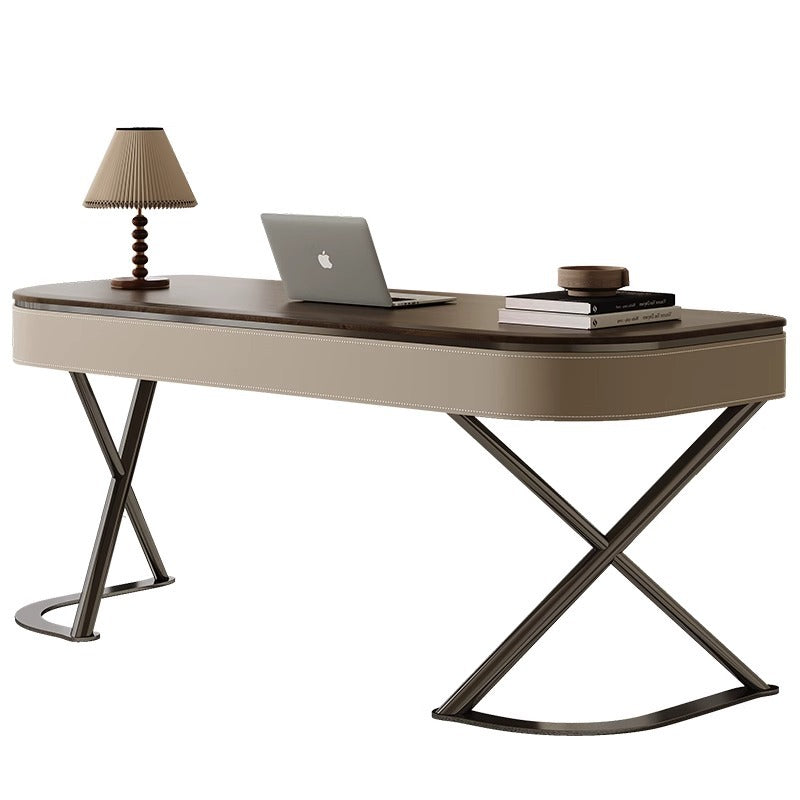 Modern Minimalist Saddle Leather Wood Stainless Steel Oval X-Shape Leg Desks 2-Drawer For Home Office DFM-F
