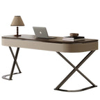 Modern Minimalist Saddle Leather Wood Stainless Steel Oval X-Shape Leg Desks 2-Drawer For Home Office DFM-F