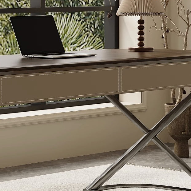 Modern Minimalist Saddle Leather Wood Stainless Steel Oval X-Shape Leg Desks 2-Drawer For Home Office DFM-F