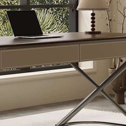 Modern Minimalist Saddle Leather Wood Stainless Steel Oval X-Shape Leg Desks 2-Drawer For Home Office